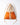 An orange and cream colored backpack on a white background. 