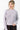 A woman wearing a light lavender ribbed knit sweater and dark brown pants, standing against a plain white studio background.