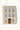 A knitted scarf featuring an illustration of a building facade with blue windows and a brown door on a beige background.