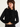Woman wearing ruffled long sleeved black shirt wearing a brown fur hat on a white background.